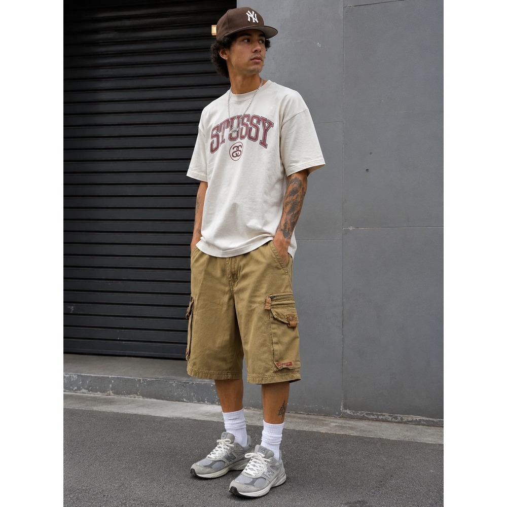US Expedition Mens Khaki Cargo Shorts Size 32 Multi Pocket Y2K Streetwear